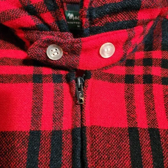 Vtg Mac Hugh Mens Virgin Wool Plaid 1/2 Zip Shirt Red Black Washable L/16-16.5 - Picture 2 of 8